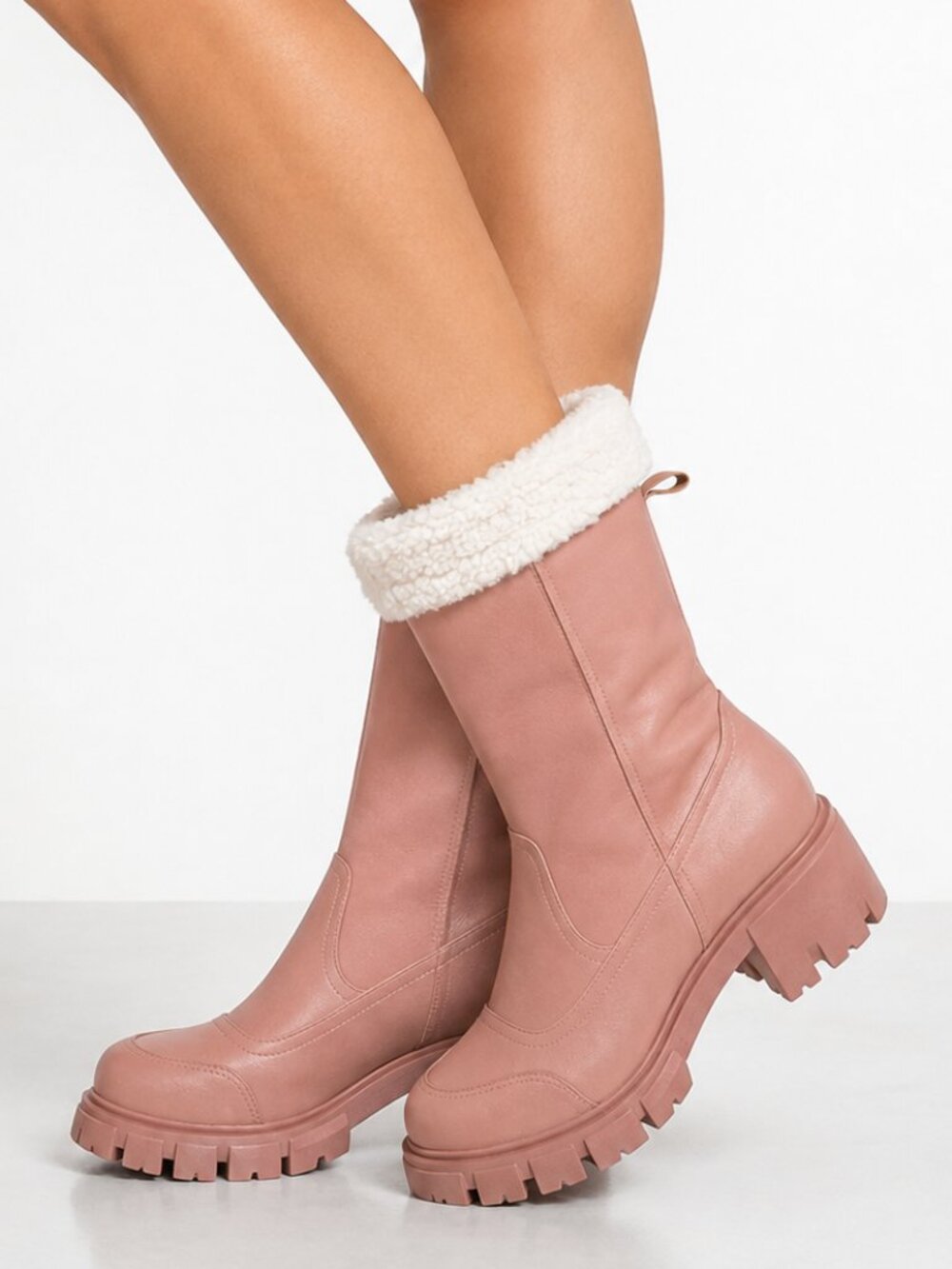 Women’s Pink Faux Shearling Lug Sole Mid Calf Boots, 8